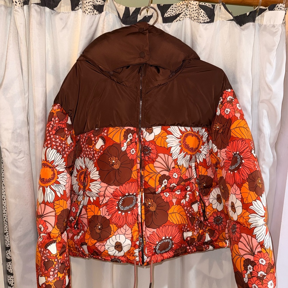 Zara Floral Puffer Jacket - Brown and Orange - Picture 3 of 3